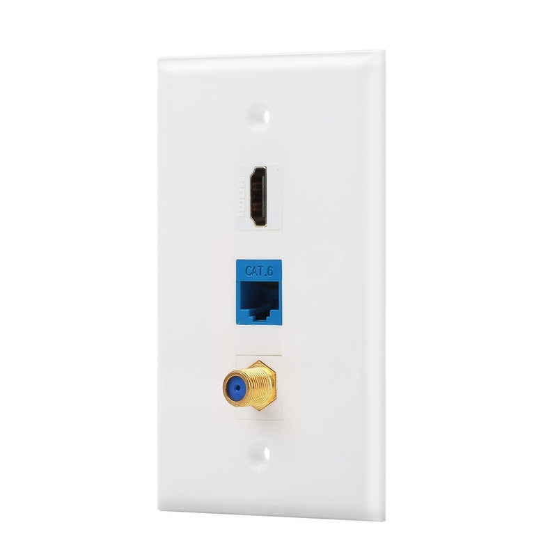 IBL- 3 Port Wall Plate with Coaxial TV Cable F Type + Cat6 Ethernet + HDMI Keystone Female to Female Jack in White - Image 1